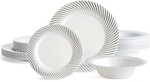 MATANA 192 Stück Plastikteller & Plastikschalen Set, Weiß mit Silberrand – 64 Essteller, 64 Dessertteller, 64 Schüsseln – Elegant & Mehrweg Partygeschirr für Partys, Hochzeiten, Geburtstage