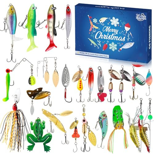 Adventskalender 2024 Fischereiköder -Set, 24 Tage Weihnachts -Countdown -Kalender lustiger Weihnachtsfischerei Adventskalender für Vater, Opa, Bruder, Freund