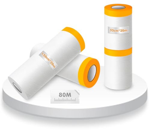 Gigmeta Insgesamt 80 Meter Abdeckfolie mit Klebeband - Abdeckfolie mit Klebeband 4er Set (2 Rollen 55cm x 20 m; 2 Rollen 150cm x 20m) - Maler Abdeckfolie - Goldband Tape - Abdeckfolien Malerfolien