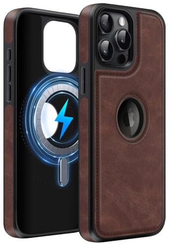 MOBESV Cover in Pelle con Vista del Logo per iPhone 15 PRO 6,1 Pollici, Custodia Magnetica Compatibile con MagSafe, Cover Sottile Classica ed Elegante, Marrone Scuro