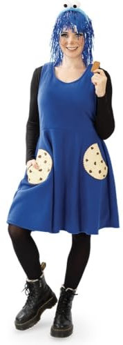 MIMIKRY Krümelmonster Fleece-Kleid mit Keks-Taschen Damen-Kostüm Keksmonster Cookie Monster, Größe:S