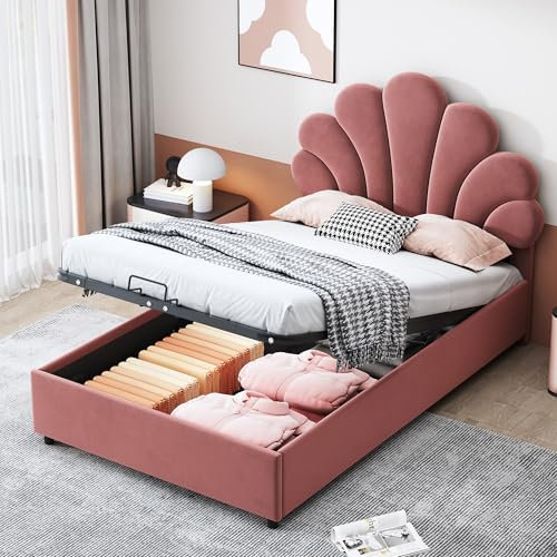 Letto Imbottito 90 x 200 cm Letto Bambini con Testiera Floreale e Rete a Doghe, Testiera Regolabile Altezza, Letto Contenitore Idraulico, Tessuto Velluto Delicato Sulla Pelle,Letto Ragazza,Beige/Rosa