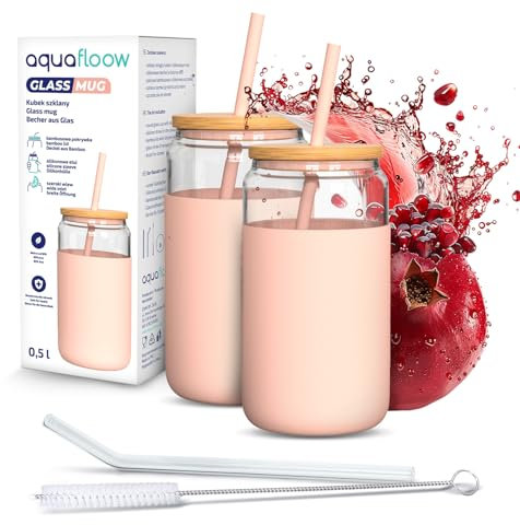 Aquafloow Vaso de Vidrio 500 ml con Funda de Silicona y Tapa de Bambú – 2 Pajitas Incluidas (Silicona y Vidrio), Resistente a Temperaturas de -20°C a 150°C