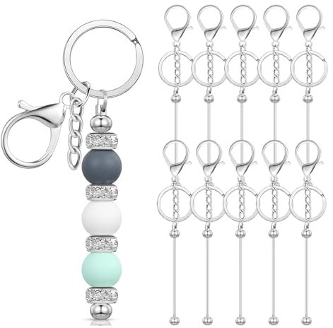 10 Stück Perlen Schlüsselanhänger zum Selber Machen Metall Rohlinge Schlüsselanhänger Streifen Blanko Schlüsselanhänger Basteln Schlüsselanhänger Set zum Basteln für Schmuckherstellung Keychain