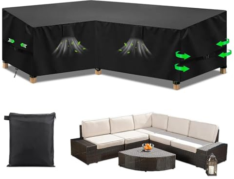 Aipwerer Lounge Gartenmöbel Abdeckung L-Form, Schutzhülle Gartenlounge Abdeckhaube Loungemöbel L Form Wasserdicht Winddicht, Abdeckplane für Ecksofa Loungemöbel Outdoor (Noir, 222x286x90x80/65cm)