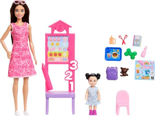 Barbie Métiers Professeur et Coffret de Jeu Thématique | Poupée blonde et petite poupée, tableau de classe et accessoires, dès 3 ans, JMK16