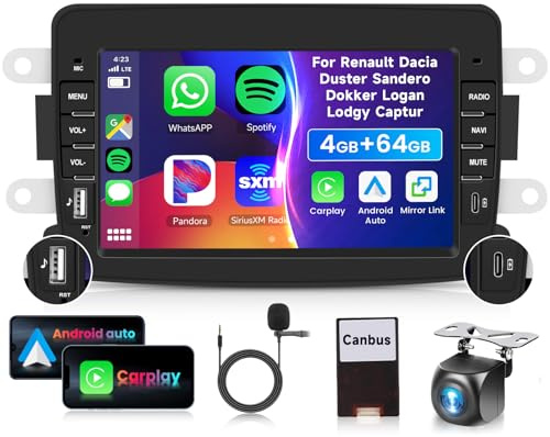 4G 64G VECHTEL 7 Bluetooth-Autoradio für Renault Dacia Duster Sandero Dokker Logan Lodgy Captur Carplay Android Auto Wireless,DSP,WiFi GPS Navi,Mirror Link,RDS/FM Radio 2 Din mit AHD Rückfahrkamera