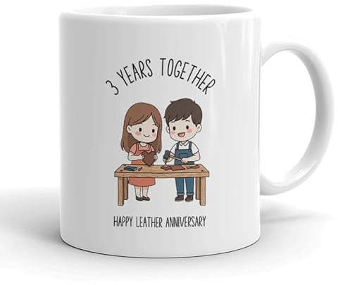 VIROSA 3 Years Leather Anniversary Mug – 11oz Ceramic Coffee Cup Gift for Husband, Wife, Couples – Third Wedding Anniversary Present Idea, Romantic Keepsake