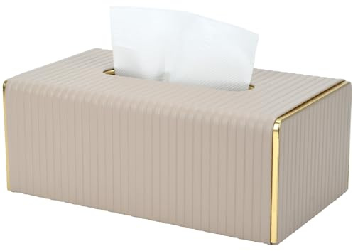 TMZDCJK Taschentuchbox PU-Leder Beige/Gold, Kosmetiktücherbox Magnet | 25x14x10 cm mit Magnetverschluss. Elegante, nachfüllbare Tissuebox & Deko für Wohnzimmer, Bad & Auto