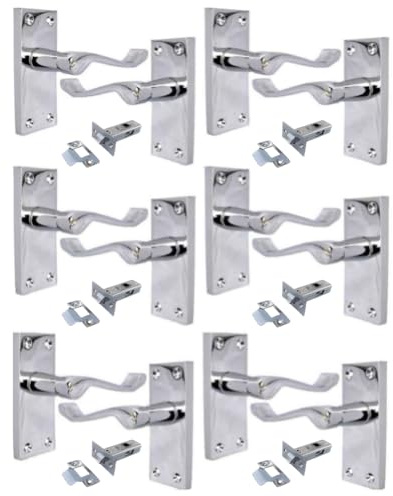 Haven Heritage® Victorian Scroll Door Handle Latch Sets with Tubular Latches – 6 Pairs Bright Chrome Plated | 118mm x 42mm Backplate | Internal Lever Handles with Spindle & Screws Included