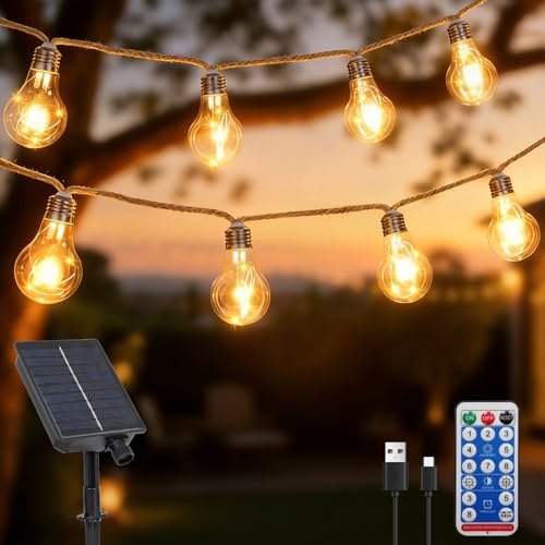 ZAIYW 10M Solar Lights Outdoor Garden Hemp Rope String Lights with Timer | Solar Fairy Lights with 20 S17 Shatterproof Bulbs, Waterproof Festoon Lights for Patio Garden Yard Decor (Warm White)