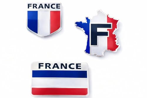 Autocollant voiture France – Lot de 3 stickers drapeau français bleu blanc rouge – Carte de France, drapeau rectangulaire et écusson
