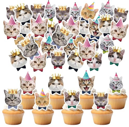 Crunier 40 Stück Essbare Katze Cupcake Toppers,Katzen Muffin Deko Topper | Katze Geburtstag Cupcake Topper,KatzeTortendeko Geburtstag ,Katzen Kuchen Deko Geburtstag, für KatzePet Party Dekorationen