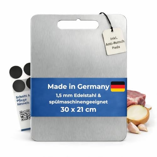 Edelstahl Schneidebrett 30x21 cm - glatt, Made in Germany | 1,5 mm Edelstahl-Vollmaterial - spülmaschinengeeignet - 4 Silikonpads für rutschhemmenden Stand - entgratet & leicht gerundet