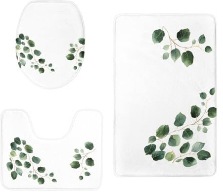 Badteppich Set Blattgrün Duschvorleger rutschfest Waschbar 3 Teilig Bad Vorleger U-Förmig WC Teppich Toilettendeckelbezug Deko Badezimmer Bath Mat 50x80 cm