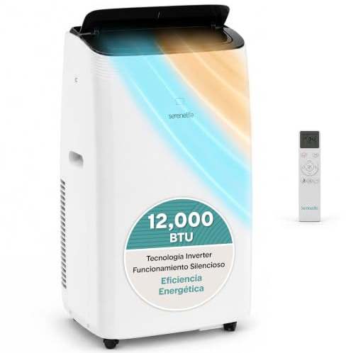 SereneLife Inverter- Klimaanlage Mobil 12000 BTU- mit WLAN, 4 in - Kühlen Heizen Entfeuchten Ventilieren, Klimagerät mit Ablutftschlauch und Fensterkit, Auto- Schwenken, Leise, bis 35m²