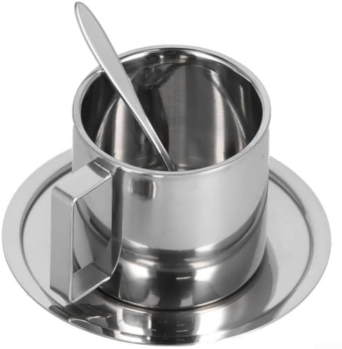 Zeroupshop Set di tazze da caffè a doppia parete con piattino e cucchiaio, in acciaio inossidabile 304, tazza termica per bevande calde o fredde, elegante tazza da tè argentata per casa, ufficio, bar