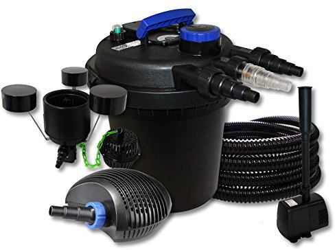SunSun Komplettset: CPF-180 Teichdruckfilter bis 6000 L 11 Watt UV-C Teichklärer, CTF-6000 Teichpumpe 6000l/h 40W, 25m Teichschlauch 25 mm, CSP-250 Skimmer 2500l/h 45W, HJ-943 Springbrunnen 800l/h 16W