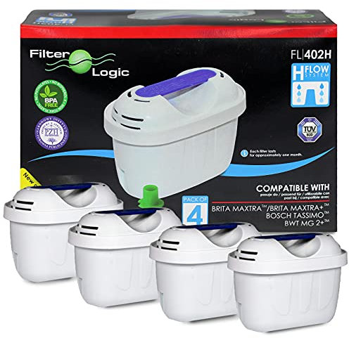 FilterLogic FL402H | Pacco da 4 - Cartuccia Filtrante compatibile con Brita Maxtra Filtro Acqua per Caraffa fill&enjoy Marella XL Fun Flow Elemaris