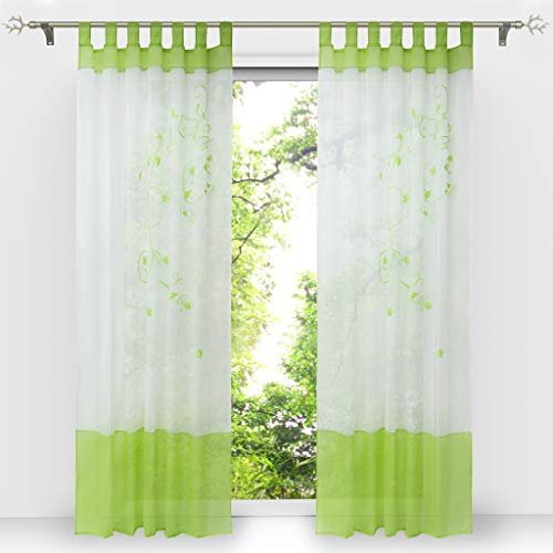HongYa 1er-Pack Bestickte Gardine Transparenter Voile Vorhang Schlaufenschal H/B 245/140 cm Grün