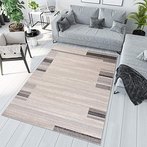 TAPISO Sari Teppich Kurzflor Modern Teppiche Meliert Creme Grau Streifen Linien Design Bordüre Wohnzimmer Schlafzimmer ÖKOTEX 60 x 100 cm