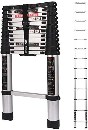 WaJaCg Straight ladde 3.8m Extendable Telescoping Ladder Aluminum Portable Telescopic Tall Ladder with stabiliser Bar Extend Foldable Ladder Escape ladder Load 150kg