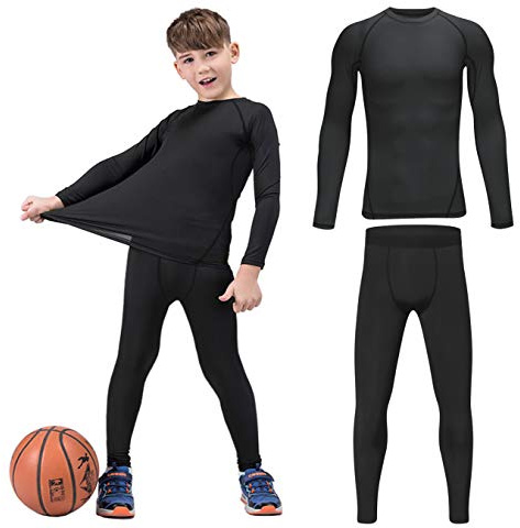 HOPLYNN Youth Boys' Compression Leggings Athletic Shirt Tights Top Base Layer Set Sports Youth for Kids Balck XS