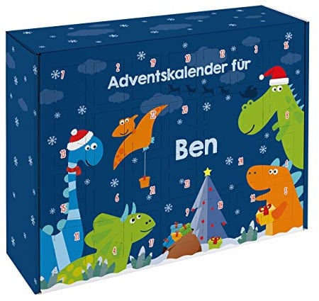 Striefchen® Dinosaurier Adventskalender für Kinder zum Befüllen mit Wunschnamen und Wunschtext bedruckt