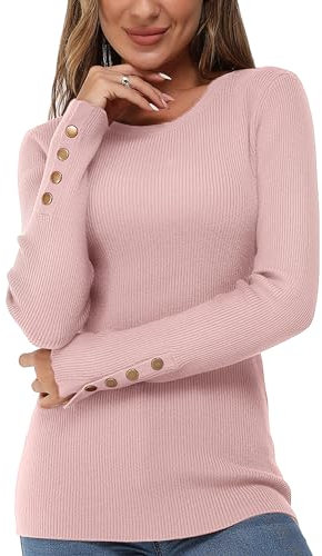 Newshows Maglione Donna Girocollo a Maniche Lunghe Maglia Bottoni Stretch Casual Pullover Donna(Rosa Scuro,X-L)