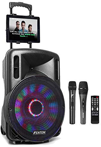 Fenton FT-15LED Portable Karaoke Machine Speaker Set PA System with Bluetooth, 2x Microphones, Disco Light Effect & Tablet Mount - Battery or Mains Powered