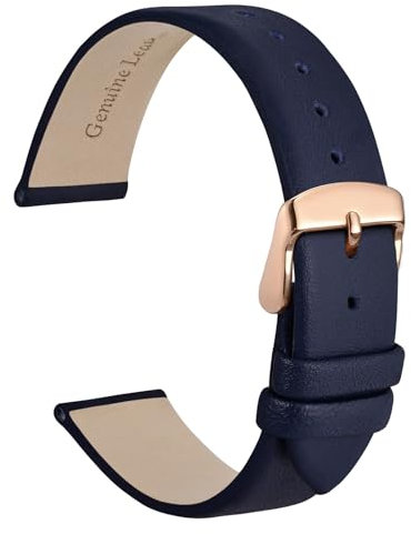 WOCCI 14mm Elegant Leather Watch Strap for Ladies with Rose Gold Buckle (Dark Blue)