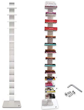 Flo.mar - Libreria a Colonna Bianca con 14 Ripiani 20x15cm - Libreria Verticale a Colonna da Terra con Base in Metallo 35x35 cm - Stretta e Alta 214 cm