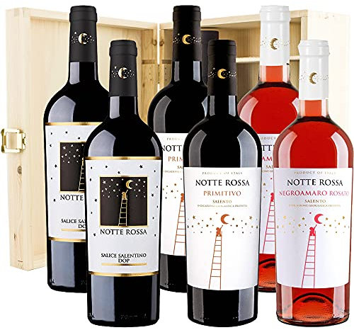 Confezione Regalo Vino Rosso | Notte Rossa | 6 Bottiglie 75cl | Cassetta Legno | Primitivo di Manduria | Salice Salentino | Negroamaro Rosè