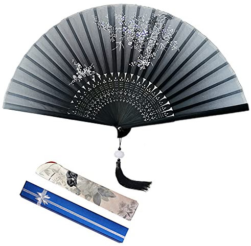 VEGCOO Silk Folding Hand Fan with Lotus Pendant, Gift Box & Bag for Party and Wedding Decoration (Black)