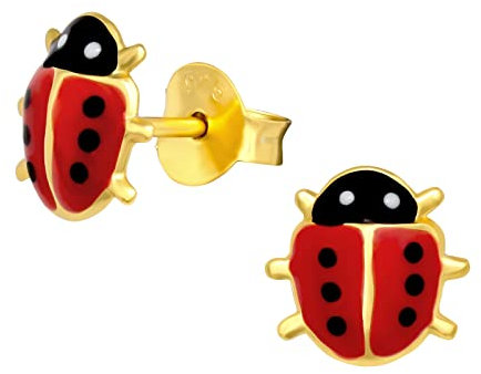 Laimons Kinder Mädchen-Ohrstecker Marienkäfer 10mm vergoldet aus Sterling Silber 925 (Rot)