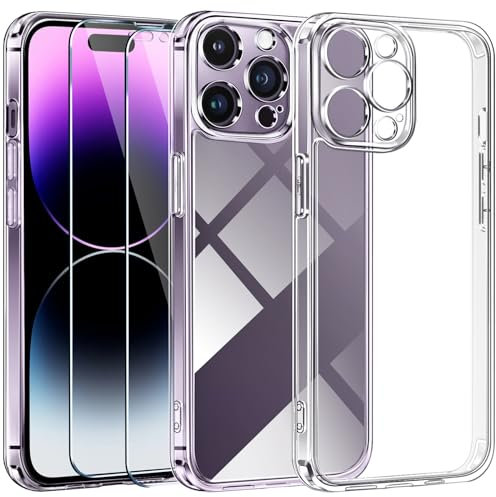 iVoler 3 in 1 Hülle für iPhone 14 Pro 6.1 Zoll, [Nie Vergilbung] 1 Handyhülle mit 2 Stück Panzer Schutz Glas, [Militärischer Schutz] [Kameraschutz] Dünn Transparent Stoßfest Schutzhülle Kratzfest Case
