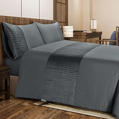 Bronwen Mathews King Size Duvet Cover Set - Soft Microfiber with Quilted Square Velvet Band Quilt Cover and 2 Pillowcases, Easy Care Wrinkle Free King Bedding Set of 3 Pcs (Slate)