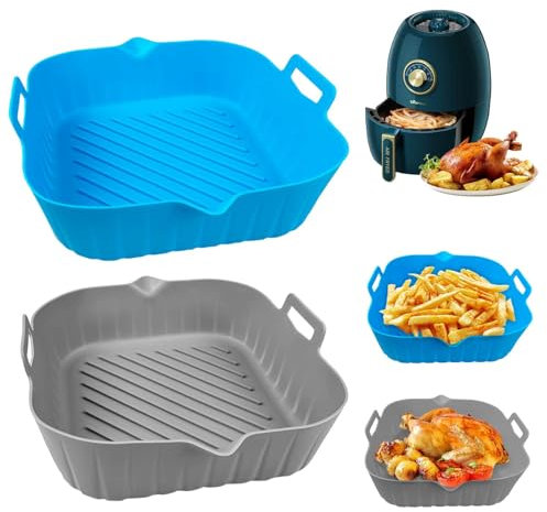 Bandeja Freidora Aire, 2 Piezas Olla Reutilizable - Moldes Azul+Gris de Silicona Aptos para Horno Microondas y Vapor