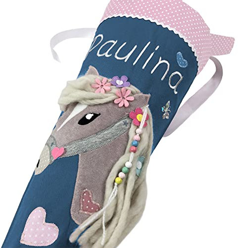 Schultüte/Zuckertüte Pferd mit Namen in blau und rosa zur Einschulung für Mädchen, aus Stoff, mit Kissen bestellbar