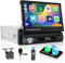 Hikity 1 DIN Radio de Coche Inalámbrico Carplay Android Auto 7 Flip out Motorizado de Pantalla Táctil con Bluetooth Manos Libres, Type-C, FM Radio, Control en el Volante, Cámara Marcha Atrás