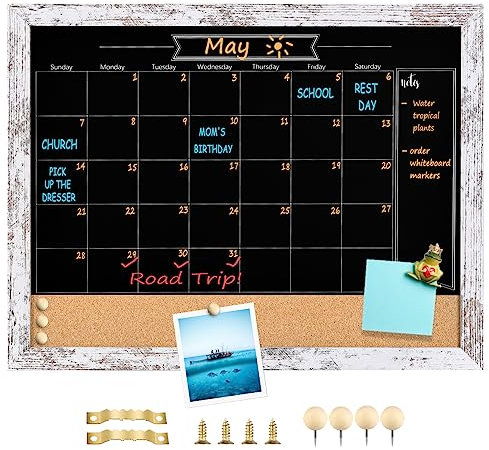 TORASO Magnetische Kreidetafel, Kalender, Korktafel, 33 x 43,2 cm, Kombinationstafel, Kreidetafel, Pinnwand, Vintage, weißer Rahmen, Kreidetafel, Kalender, Kork-Kombi-Tafel (ZHHB-Wood WH-3343)