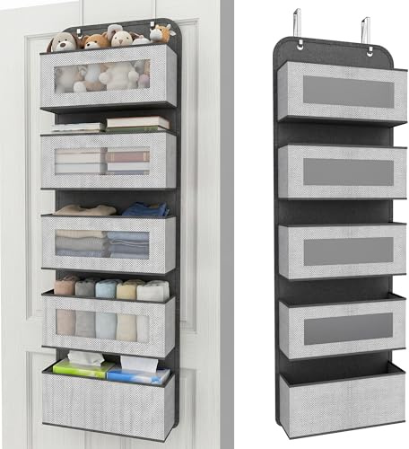 Domsanistor Organizer zum Aufhängen über der Tür, 5 Fächer, faltbar, Wandmontage, Stoffrückseite der Tür mit transparentem Fenster und Metallhaken für Schrank, Windel, Speisekammer, Schlafsaal,