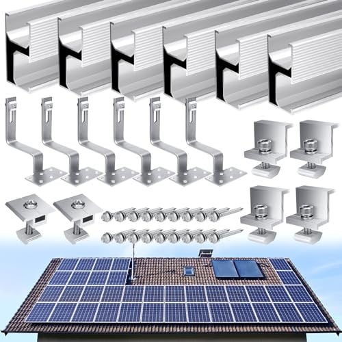 Kit di Supporto per Pannello Solare, Staffa di Montaggio per Pannelli Solari, Staffe per Pannello Solare(6Binario+ 6Gancio per Tetto+ 4Morsetto Terminale+ 2Morsetto Centrale+Viti)