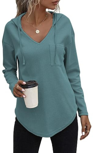 Cuptacc Felpa Donna Camicia Manica Lunga Maglia Scollo A V Spiaggia Felpa con Cappuccio Moda Blu di Pietra,XL 46-48