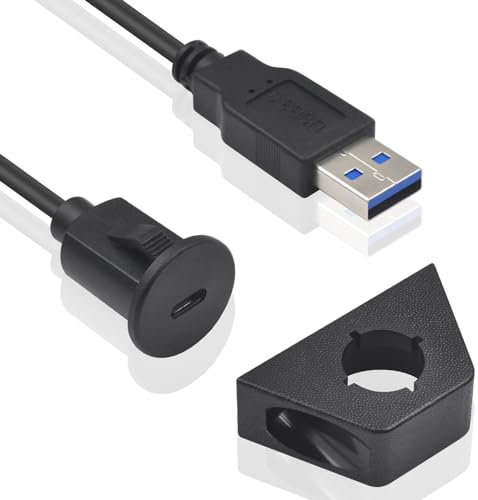 Duttek USB 3.0 Male to Type C Female Car Flush Mount Cable, USB A to USB C Extension Flush Panel Mount Waterproof Cable, Panel Mount Extension Cable for Car Truck Boat Motorcycle Dashboard 1.5M