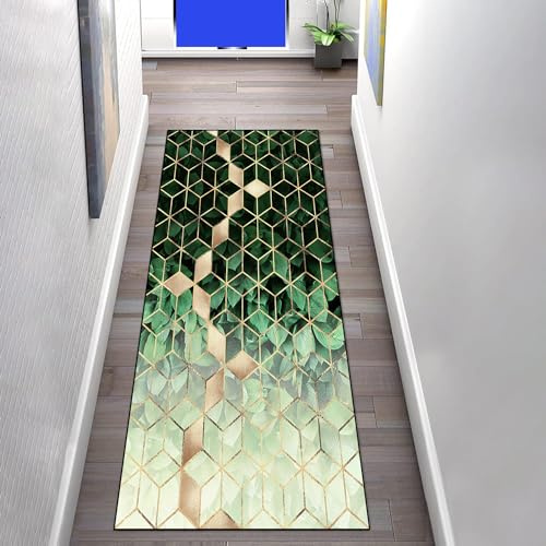 LIHY Teppich Läufer Flur rutschfest 70×240cm, Geometrisch Grün Blätter Gold Diamantgitter Küchenläufer Flurläufer Lang Polyester Teppichläufer, für Korridor Schlafzimmer Innen Wohnzimmer