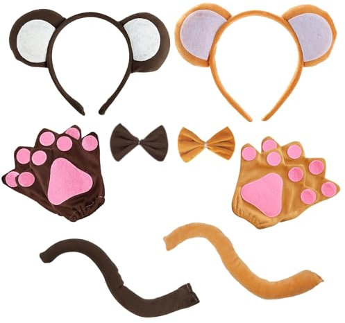 UILYNIU 8 Stück Tieraffe Kostüm Set, Affenohren Fliege Handschuhe und Langen Schwanz Set, für Erwachsene Kinder Tier Fasching Kostüm Karneval Haarbänder Cosplay Affenkostüm