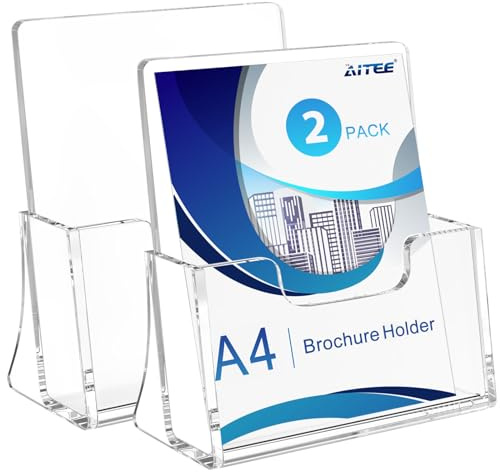 AITEE A4 Clear Leaflet Holder: Acrylic Brochure Dispenser Freestanding Booklet Flyer Stand for Counter Office Restaurant Reception - 2 Pack