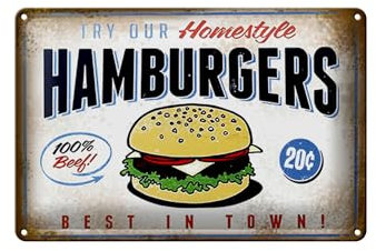 Schild Blech 30x20cm - Made in Germany - Spruch Hamburger best in town 100% Beef Metall Deko Blechschild