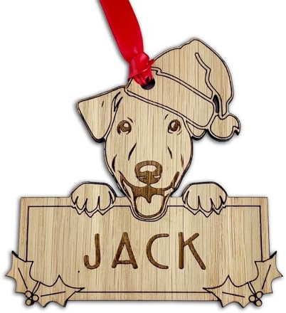 Personalised Jack Russell Dog Christmas Tree Bauble, Peeking Design, 9.5W x 9H cm, Oak Veneer Wood Decoration with Red Ribbon (Decoration Only)